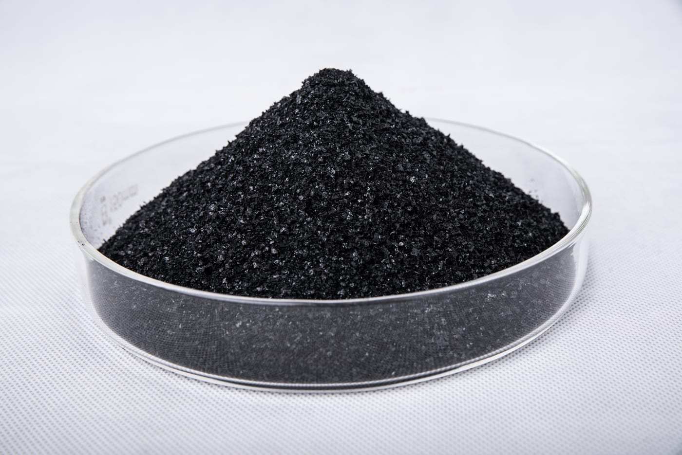 Black potassium humate shiny flakes product sample